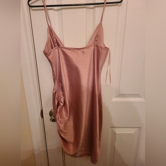 Lovely Day Ruched Drawstring Cowl Neck Dress Satin Adjustable Straps Baby  Pink - Picture 3 of 5